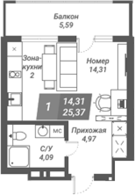 Продажа 1-комнатной студии в&nbsp;жилом комплексе «Ворошилов»
