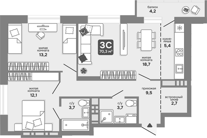 Продажа 3-комнатной студии в&nbsp;жилом комплексе «Счастливый квартал»