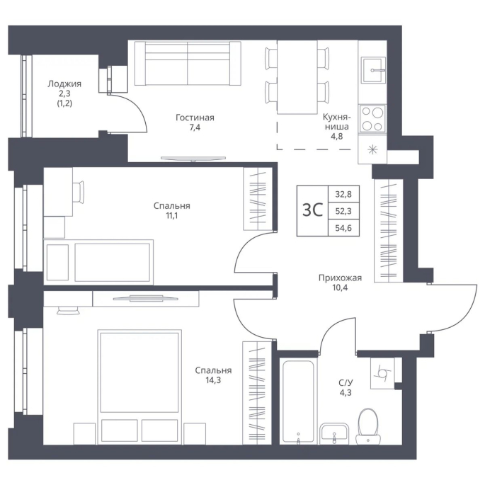 Продажа 3-комнатной студии в&nbsp;жилом комплексе «Фора»