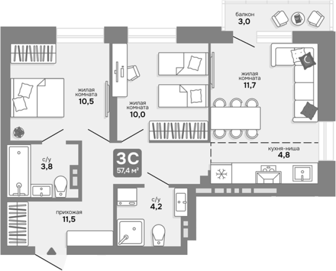 Продажа 3-комнатной студии в&nbsp;жилом комплексе «Счастливый квартал»