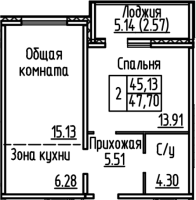 2-комнатная студия в жилом комлексе «Кольца»