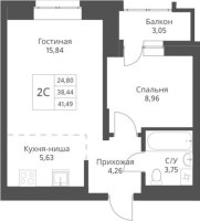 2-комнатная студия в жилом комлексе «Актив»