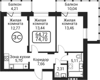 3-комнатная студия в жилом комлексе «Пегас»