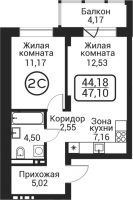 2-комнатная студия в жилом комлексе «Пегас»
