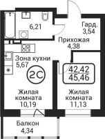 2-комнатная студия в жилом комлексе «Пегас»
