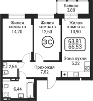 3-комнатная студия в жилом комлексе «Пегас»