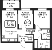 3-комнатная студия в жилом комлексе «Пегас»