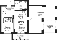 2-комнатная студия в жилом комлексе «Пегас»