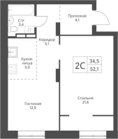 2-комнатная студия в жилом комлексе «Экоград 12 дворов»