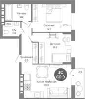 3-комнатная студия в жилом комлексе «Квартал на Российской»