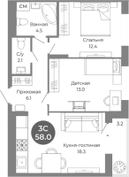 3-комнатная студия в жилом комлексе «Квартал на Российской»