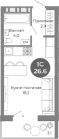 1-комнатная студия в жилом комлексе «Квартал на Российской»