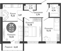 3-комнатная в жилом комлексе «Семейный квартал»