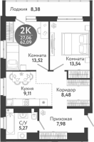 2-комнатная в жилом комлексе «Семейный квартал»