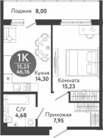 2-комнатная студия в жилом комлексе «Семейный квартал»