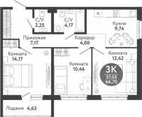 3-комнатная в жилом комлексе «Семейный квартал»