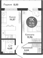 2-комнатная студия в жилом комлексе «Семейный квартал»