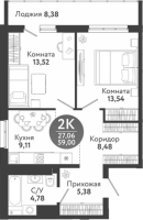 2-комнатная в жилом комлексе «Семейный квартал»