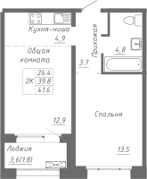 2-комнатная студия в жилом комлексе «Гренландия»