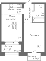 2-комнатная студия в жилом комлексе «Гренландия»