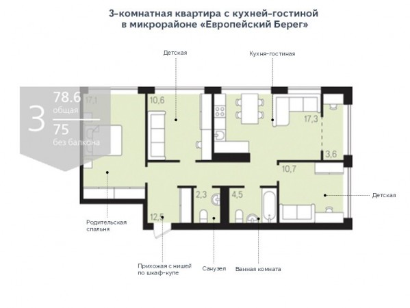 Трехкомнатная квартира в микрорайоне «Европейский Берег»